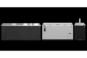 Hoshizaki Back Bar refrigeration lineup showing black refrigerators, a cooler, and a keg dispenser