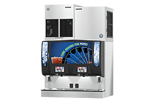 A person using a metal scoop to retrieve ice from a stainless steel Hoshizaki ice storage bin