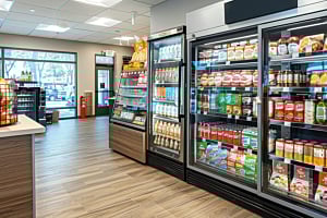 Interior view of a modern convenience store, showing rows of refrigerated Hoshizaki display cases and shelving