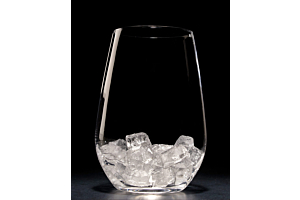 Clear glass tumbler containing Hoshizaki Cubelet ice against a stark black background