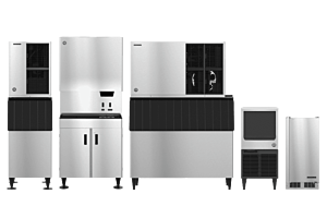 A lineup of stainless steel Hoshizaki ice makers and dispensers suitable for university and school cafeteria use