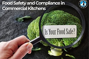 A magnifying glass held over a head of broccoli highlights the text "Is Your Food Safe?", relating to Hoshizaki's role in commercial kitchen food safety and compliance