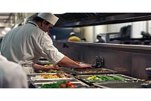A chef portioning food from pans on a commercial service line, utilizing Hoshizaki holding or cooling equipment nearby