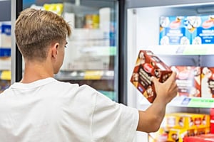 A customer holds a box of frozen treats while looking into a brightly lit Hoshizaki glass door merchandiser freezer in a retail environment
