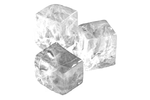 A close-up, black and white product shot of three large, clear, slow-melting gourmet ice cubes, showcasing the superior clarity and shape produced by a Hoshizaki ice machine