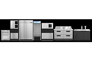 Wide-angle lineup of Hoshizaki top products, including ice machines, a refrigerator, a prep table, and back bar equipment
