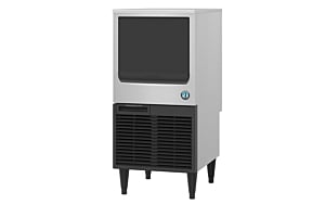 The compact Hoshizaki KM-81BAJ crescent ice machine, ideal for undercounter placement, is shown with its stainless steel finish and black air intake