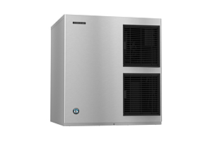 The Hoshizaki KM-901MAJ modular crescent cube ice machine head features a brushed stainless steel exterior and dual black air vents