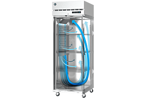 An illustrative graphic demonstrating the internal cold air circulation pattern within a Hoshizaki glass door merchandiser refrigerator to ensure even temperature distribution