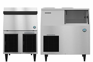 Hoshizaki built-in bin ice machines for flaked or cubed ice production in a commercial kitchen