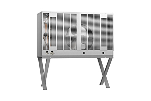 The Hoshizaki URC-9FZ outdoor remote condenser unit is shown on X-shaped legs, featuring a durable galvanized steel casing and a visible cooling fan