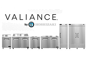 A graphic showcasing the full VALIANCE by Hoshizaki commercial refrigeration lineup, including various prep tables and stainless steel reach-in refrigerators