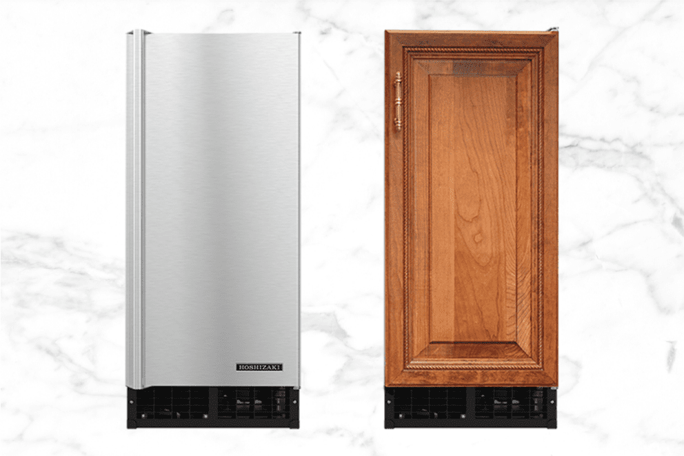 Two Hoshizaki undercounter ice makers shown side by side with stainless-steel and custom wood cabinet panels