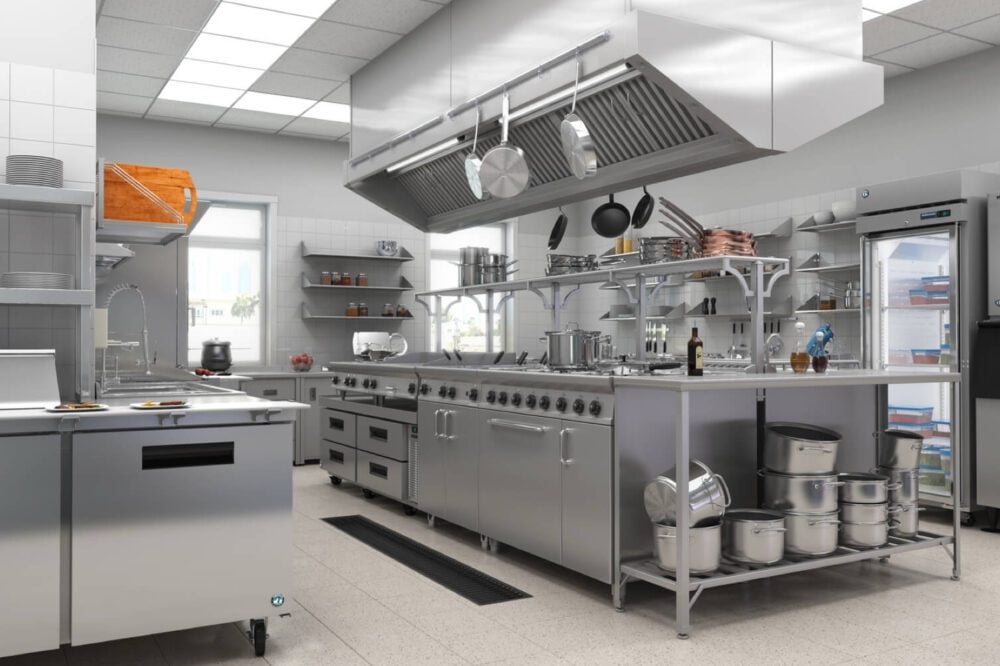 Modern, fully-equipped commercial kitchen with stainless steel Hoshizaki equipment, including ranges, prep tables, and refrigeration