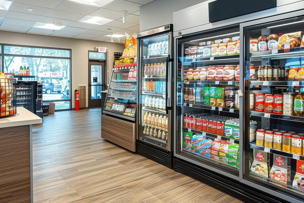Interior view of a modern convenience store, showing rows of refrigerated Hoshizaki display cases and shelving