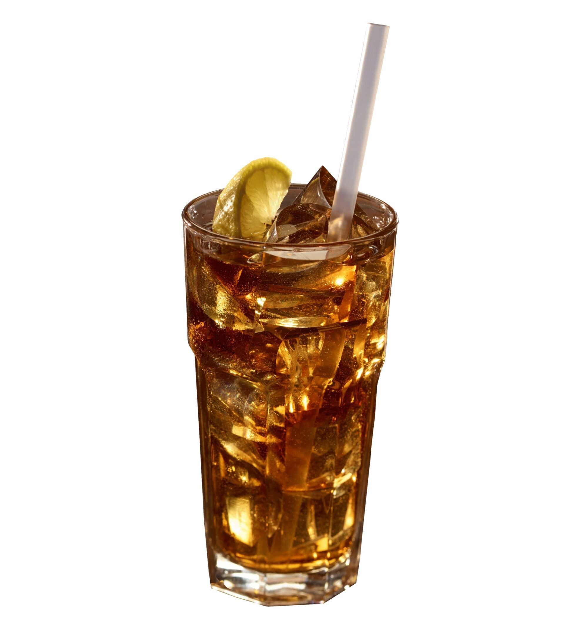 Tall glass of iced tea filled with Hoshizaki Crescent Ice, garnished with a lime wedge and a straw