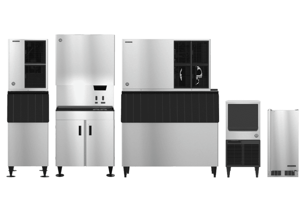 A lineup of stainless steel Hoshizaki ice makers and dispensers suitable for university and school cafeteria use
