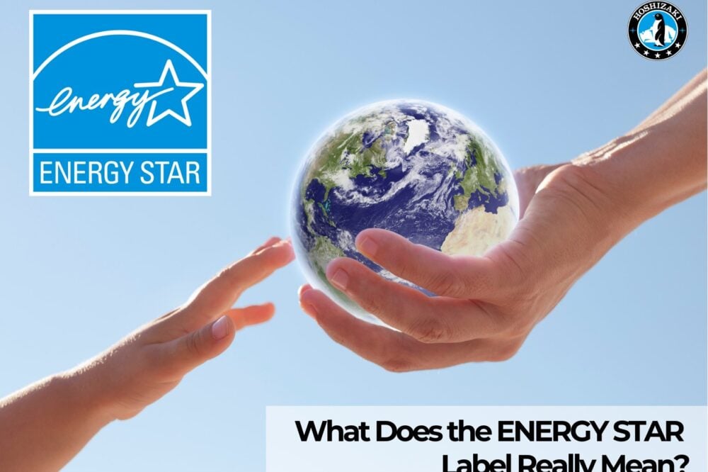 A graphic emphasizing the importance of environmental responsibility, featuring a hand holding Earth next to the ENERGY STAR logo, and displaying the Hoshizaki brand seal