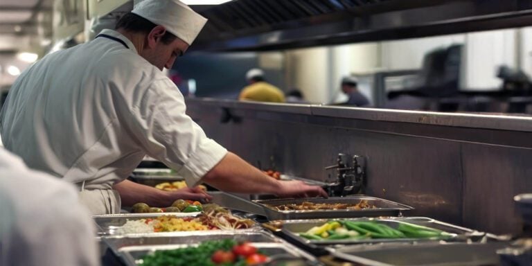 A chef portioning food from pans on a commercial service line, utilizing Hoshizaki holding or cooling equipment nearby