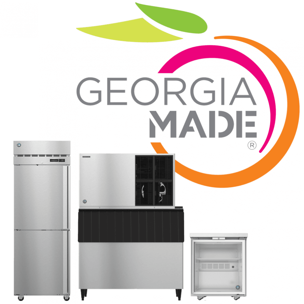 A graphic featuring the "Georgia Made" logo alongside a lineup of stainless steel Hoshizaki ice machines and refrigeration units, highlighting their manufacturing origin