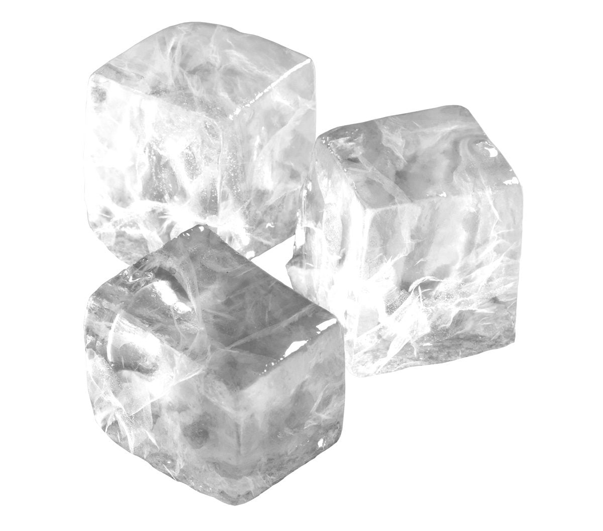 A close-up, black and white product shot of three large, clear, slow-melting gourmet ice cubes, showcasing the superior clarity and shape produced by a Hoshizaki ice machine