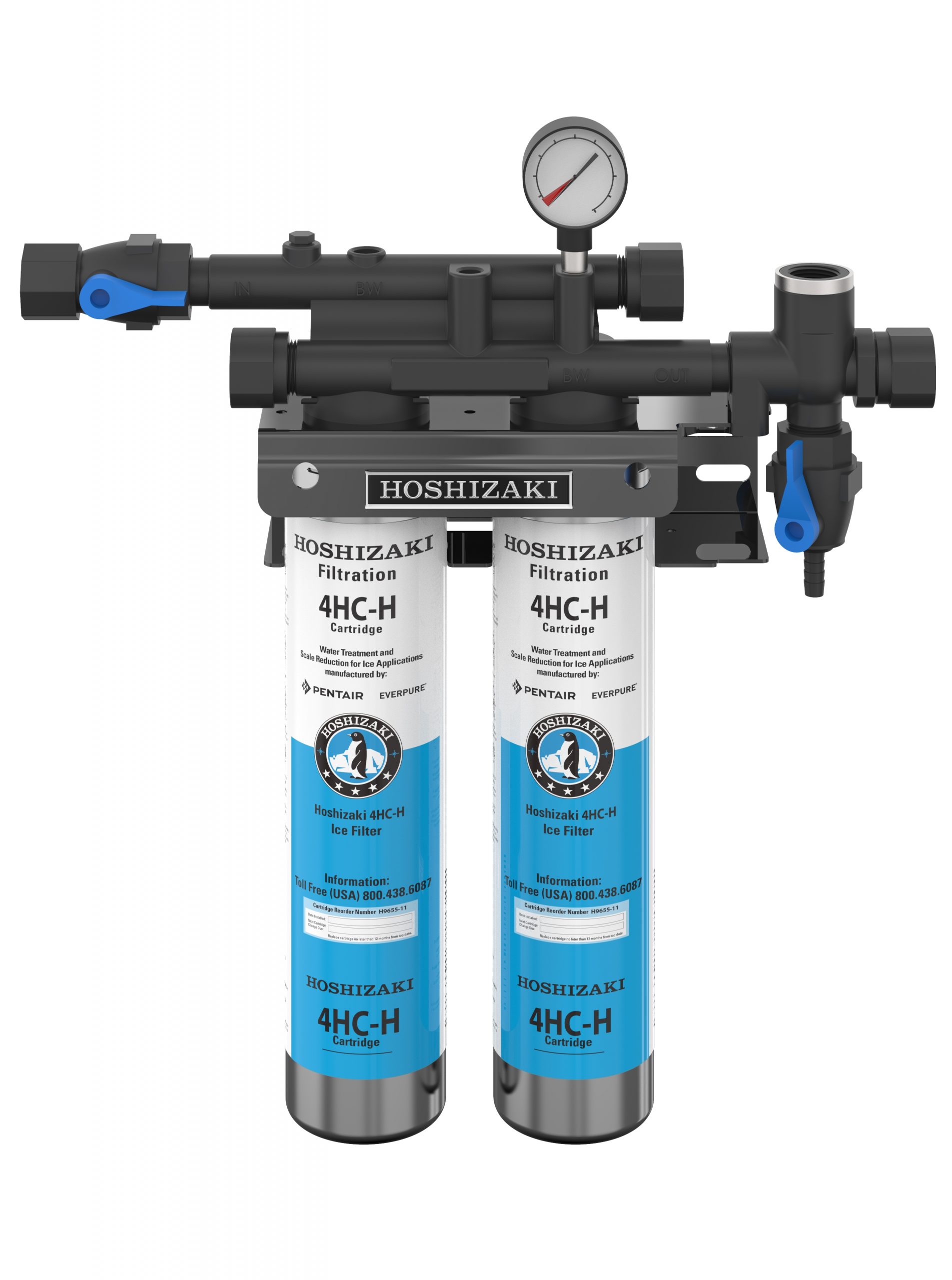 Hoshizaki H9320-52 dual water filtration system with 4HC-H cartridges and pressure gauge