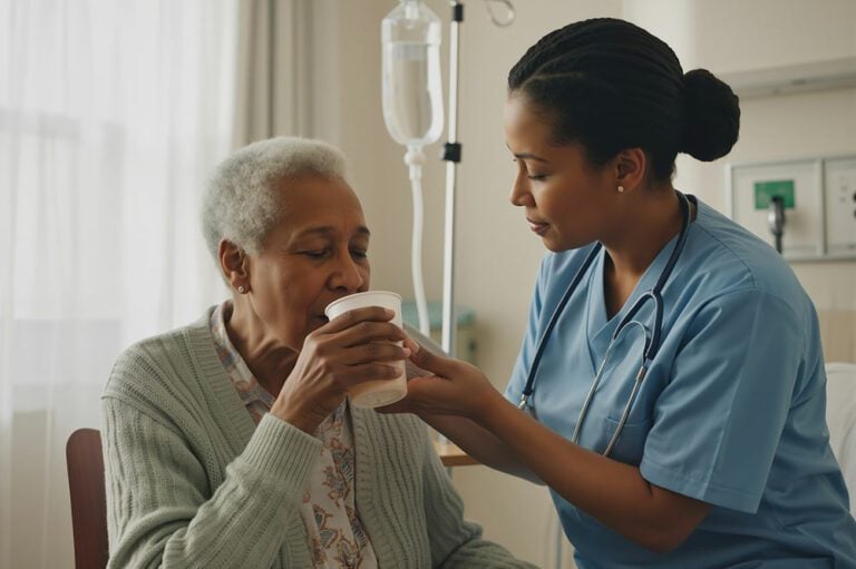 A nurse in a healthcare setting assists an elderly patient with a drink, which may contain high-quality ice or water produced by Hoshizaki equipment