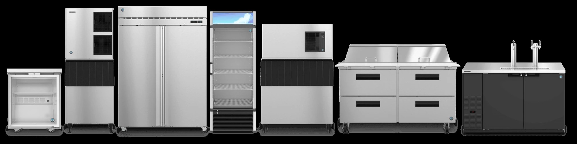Wide-angle lineup of Hoshizaki top products, including ice machines, a refrigerator, a prep table, and back bar equipment