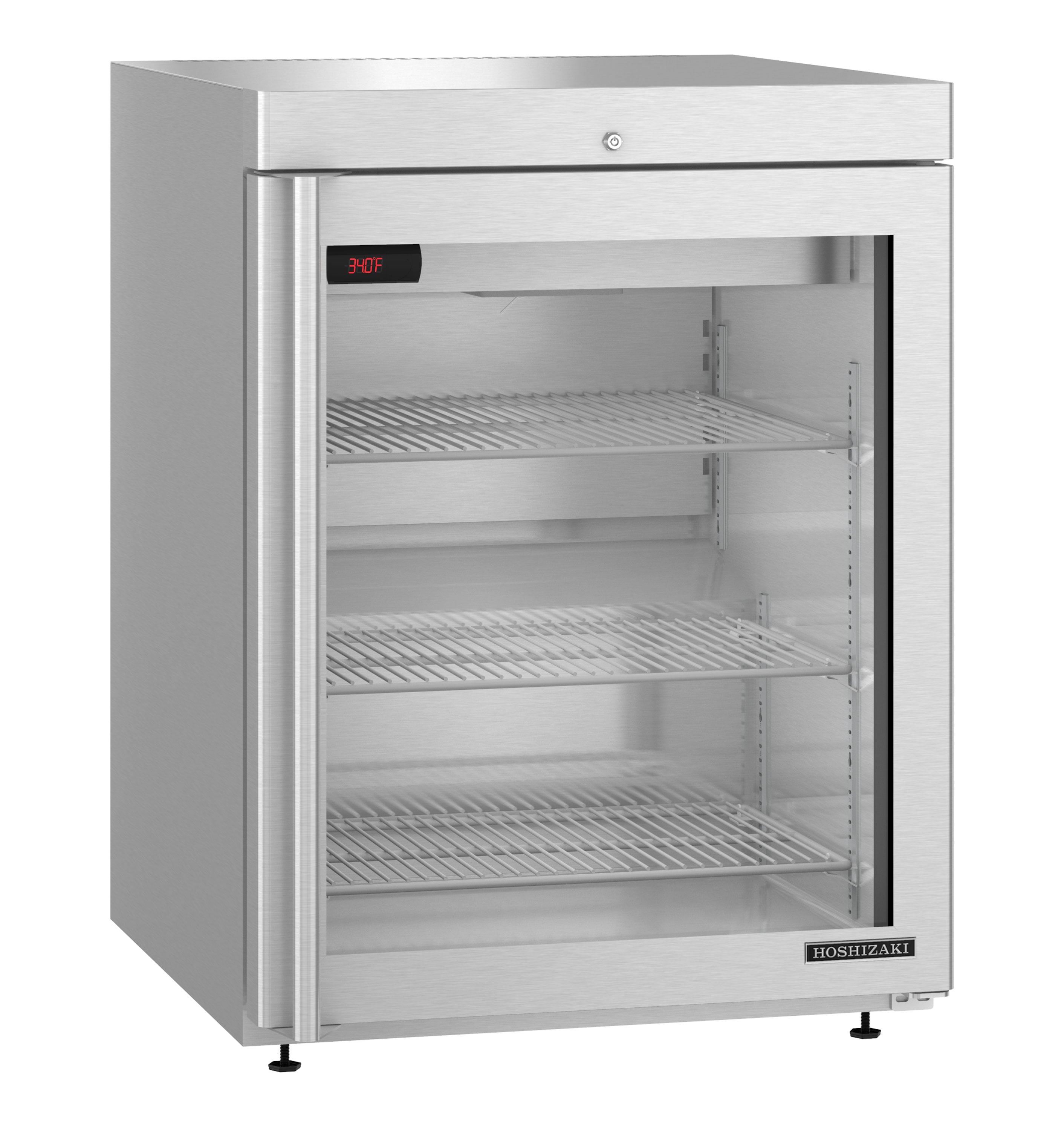 The stainless steel Hoshizaki HR24C-G undercounter glass door refrigerator with digital temperature display is shown from the right side