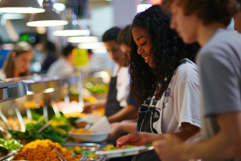 Hoshizaki refrigeration is used to keep food cold on a serving line for students in an education cafeteria