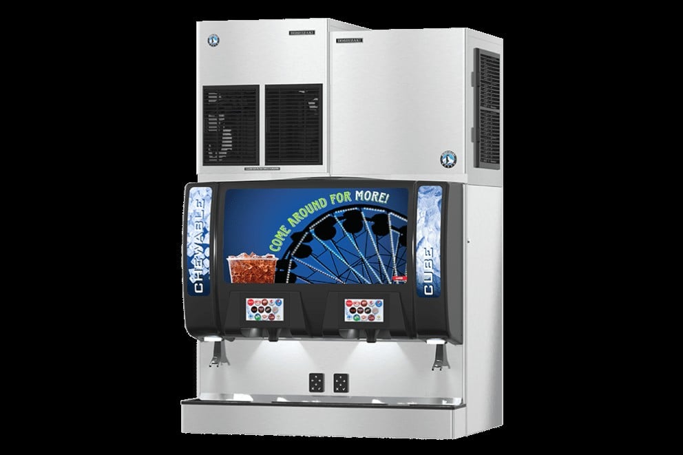 Hoshizaki ice machine heads paired with a large capacity, twin-pour beverage dispenser for self-service in a convenience store or fast-food environment
