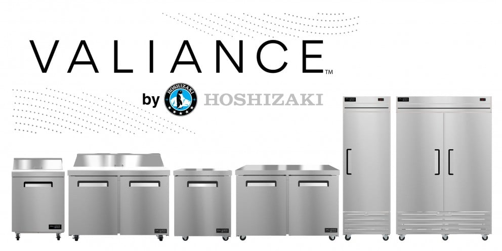 A graphic showcasing the full VALIANCE by Hoshizaki commercial refrigeration lineup, including various prep tables and stainless steel reach-in refrigerators